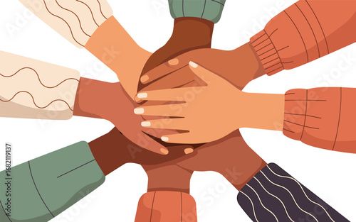 Diverse hands clasped together in unity, representing togetherness and collaboration