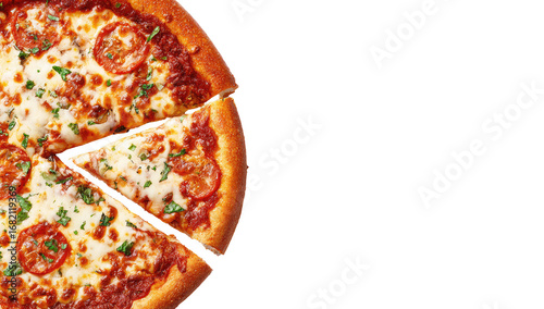 Close-up of a sliced pizza with tomato topping, mozzarella cheese, and herbs