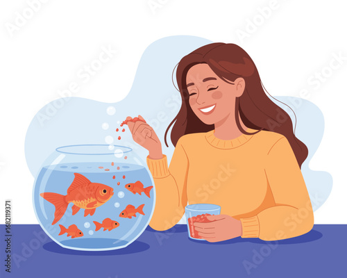 Woman Feeding Goldfish in a Bowl A Happy Moment
