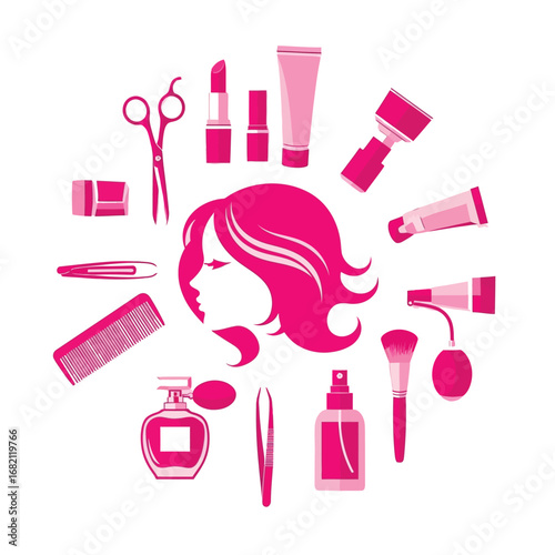 Beauty and cosmetic products arranged around a womans profile isolated on white background