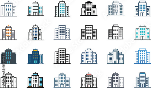 Office Building Corporate Icon Set – Modern Business, Real Estate, Skyscraper, Architecture, Company Headquarters and Urban City Construction Vector Illustration on White Background