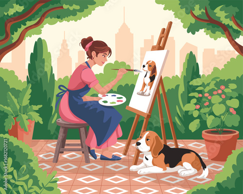 Young female artist painting a portrait of her beloved beagle dog on a canvas in a serene city garden
