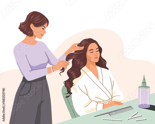 Professional hairstylist giving a haircut and styling to a relaxed female client in a beauty salon