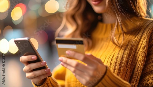 A woman in an orange sweater holds a phone and a gold credit card, focusing on an online transaction. Bokeh lights are visible in the background