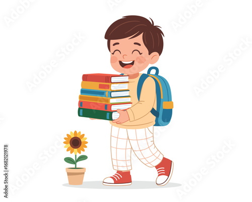 Happy Student with Books and Backpack Ready for School, Next to Sunflower Plant