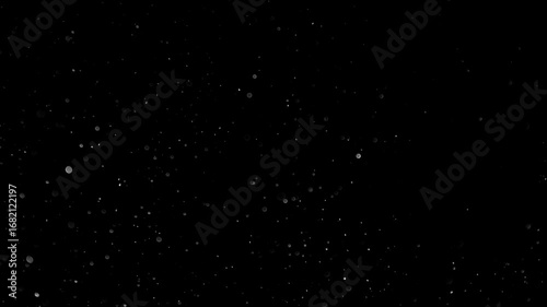 Natural Organic Dust Particles Floating On Black Background. Glittering Sparkling Particles Randomly Spin In The Air With Bokeh. Dynamic Particles With Fast And Slow Motion. Shimmering Dust In Space.