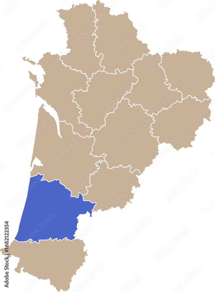 Obraz premium Illustration carte de la région Nouvelle-Aquitaine avec département Landes mis en lumière