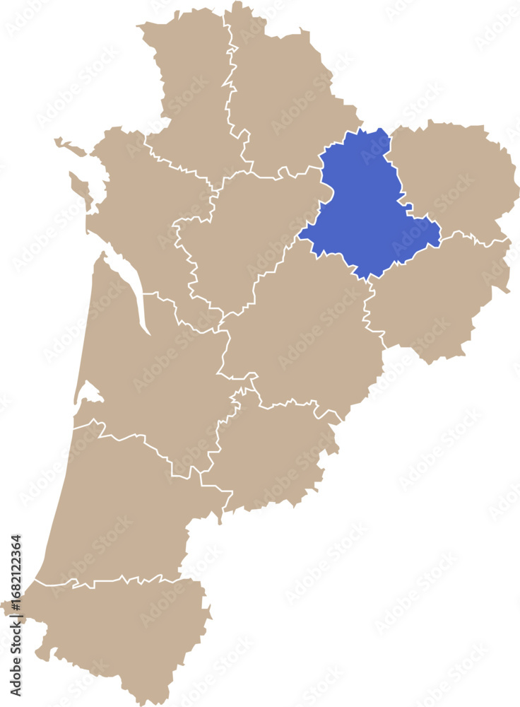 Obraz premium Illustration carte de la région Nouvelle-Aquitaine avec département Haute-Vienne mis en lumière