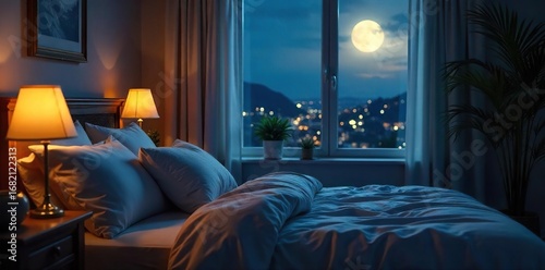 Serene bedroom scene at night, soft glow from moonlit window, comfortable bed with plush pillows and blankets, peaceful atmosphere ideal for relaxation and sleep , blankets, comfort, restful