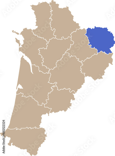 Illustration carte de la région Nouvelle-Aquitaine avec département Creuse mis en lumière