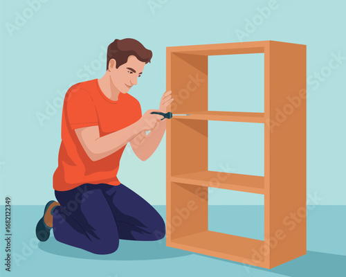Man assembling a wooden bookshelf with a screwdriver, home improvement DIY project