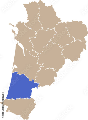 Illustration carte de la région Nouvelle-Aquitaine avec département Landes mis en lumière