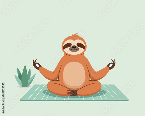 Adorable Cartoon Sloth Meditating in Peaceful Yoga Pose on Mat, Promoting Calmness and Wellness through Mindfulness Illustration