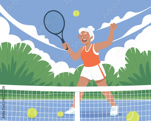 Joyful Senior Tennis Player on a Sunny Court, Ready to Win the Match