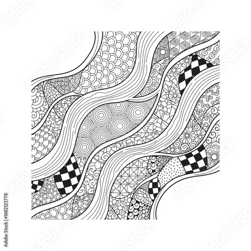 Intricate hand-drawn zentangle pattern with abstract wavy lines. Black and white doodle art background, perfect for adult coloring pages and mindful activities.
