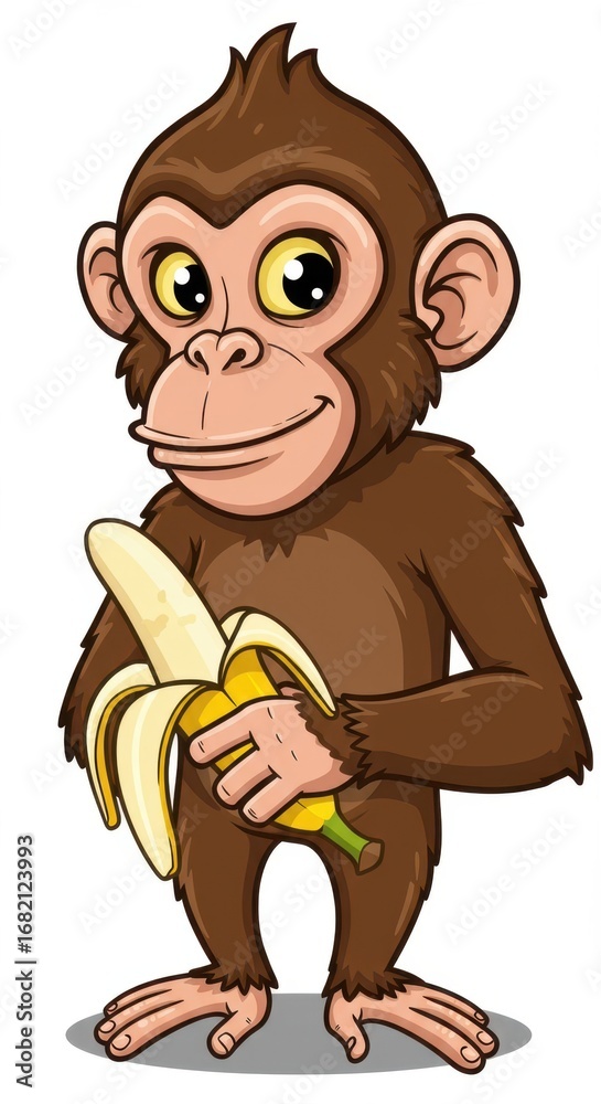 Naklejka premium A cartoon chimpanzee holds a banana, displaying a cheerful expression.