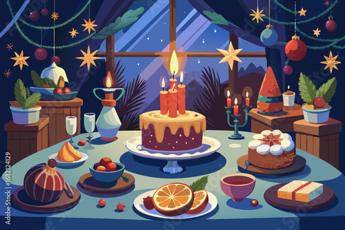 Christmas table featuring a fruitcake centerpiece, adorned with candles and ornaments, creating a warm and inviting atmosphere for festive gatherings and celebrations