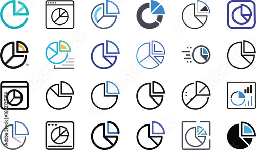 Pie Chart Analytics Icon Set – Business Data Visualization, Market Research, Financial Report, Infographic, Statistics and Performance Analysis Vector Illustration on White Background
