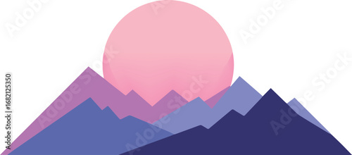 Stunning geometric mountain landscape with soft pink gradient sun, evoking tranquility and adventure