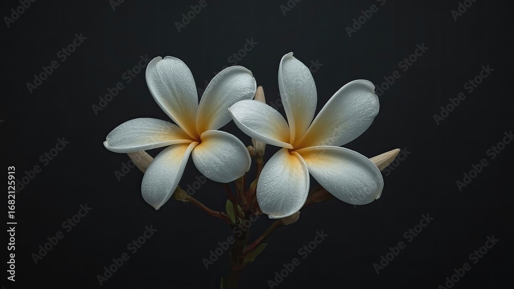 Fototapeta premium Two white blossoms on a deep black background, creating a striking visual contrast and drawing attention to their form generative ai