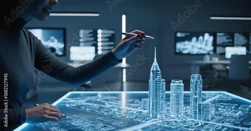 An architect brings architectural designs to life with 3D holographic construction models. The concept of innovation in architecture and futuristic design. Generative Ai.