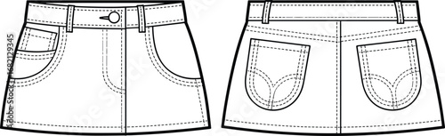 Denim mini skirt technical fashion illustration front and back view with pockets, stitching, yoke seam, vector garment construction sketch