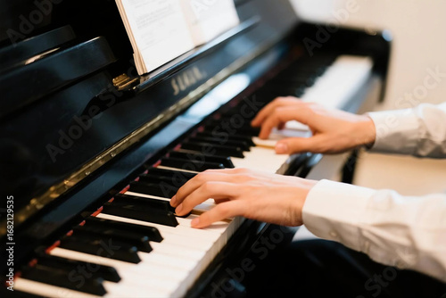 Pianist hands playing a grand piano