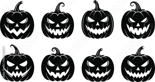 Halloween jack-o'-lantern silhouette set with spooky carved faces, pumpkin expressions, vector illustration for decoration, party, craft, design use