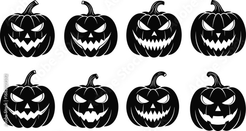 Halloween jack-o'-lantern silhouette set with spooky carved faces, creepy expressions, vector illustration for decoration, party, craft, design use