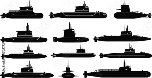 Silhouette vector illustration of twelve different submarines in various designs and shapes, naval military vessels, underwater transport, maritime technology
