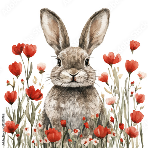 Easter Bunny Spring Flowers, watercolor drawing vector, isolated on a white background.