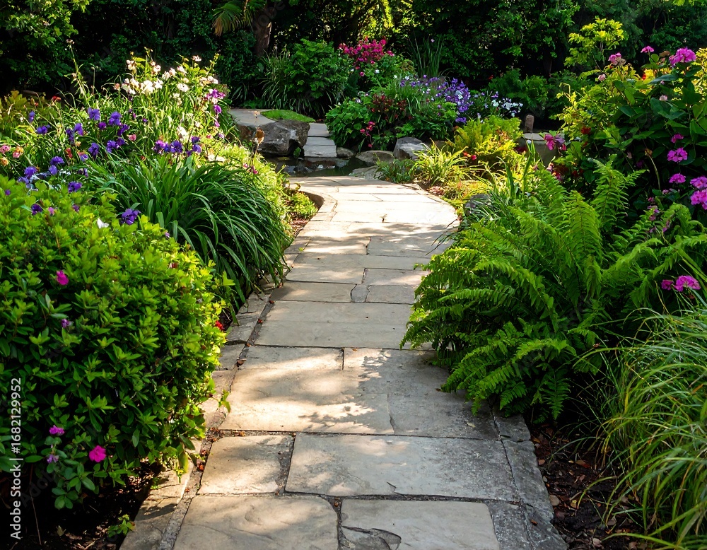 Obraz premium Sunlit garden path through lush plantings