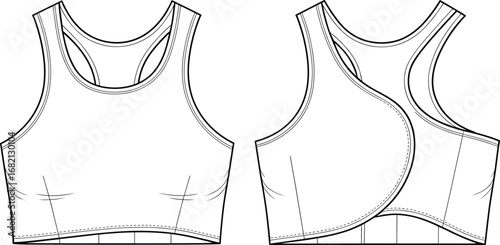 Technical flat sketch of sports bra with high neckline, wide straps, contour seams, overlapping back design, and detailed stitching lines