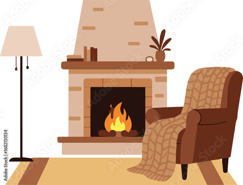Cozy armchair and fireplace scene evokes warmth, comfort, and relaxation for a perfect home atmosphere
