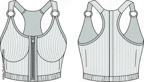 Technical vector illustration of women’s sports bra with racerback ring detail, zipper front, pinstripe fabric, front and back garment construction views