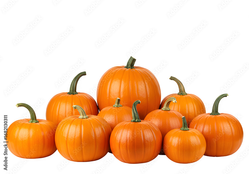 Obraz premium Vibrant collection of fresh orange pumpkins ready for autumn harvest and seasonal holiday decorations, perfect for fall promotions and festive events, isolated on white or transparent background. PNG