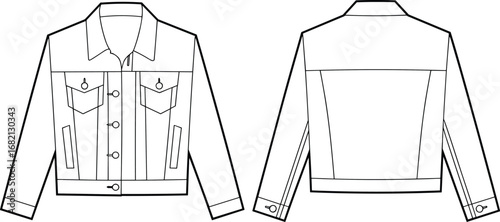 Vector technical flat sketch of classic denim jacket front and back views with collar, chest pockets, button closure, and seam detailing