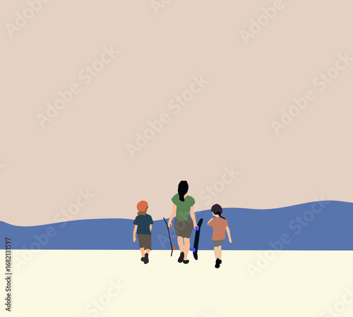 Mother carry skateboards walking with child at public park mountain view. Family spend time together. Sport and active life concept