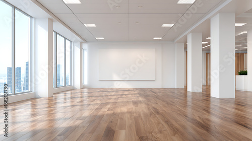 white and wooden office hall with mock up wall