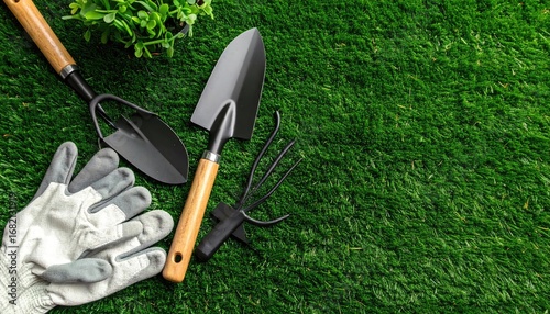 Gardening tools, including a trowel, fork, and gloves, lay on vibrant green artificial turf with a small plant in the corner, presenting a fresh gardening scene