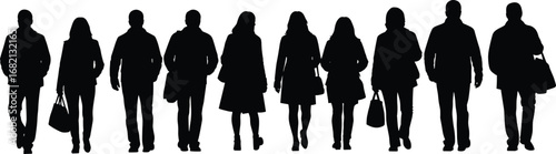 Silhouetted people walking away, casual and semi-formal attire, black and white vector illustration for posture, gait, and design reference