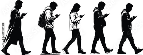Silhouetted people walking with smartphones, modern posture evolution, digital addiction, technology impact, black and white vector illustration concept
