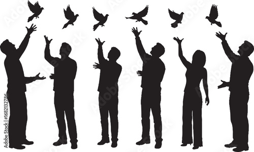 People Releasing Doves Silhouettes, Freedom, Peace, Hope Vector Art