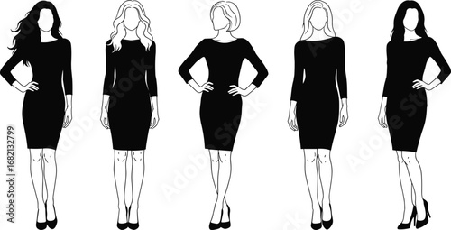 Silhouettes of five fashionable women in identical black dresses and heels, showcasing hairstyle variation and posture on white background vector