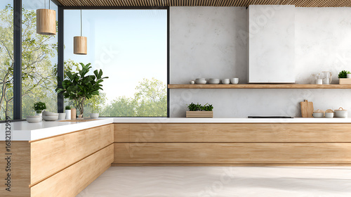 Fototapeta Naklejka Na Ścianę i Meble -  modern minimalist kitchen interior with wooden cabinets, stone countertop, open shelves and large window in bright natural light. 3d rendering