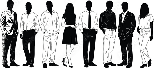 Silhouettes of nine business professionals in formal and semi-formal attire, showcasing workplace diversity and fashion on white background vector