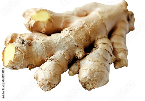 Close up, Fresh ginger rhizome with sliced and green leaves isolated on white background.