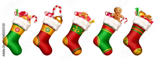 Set of five festive Christmas stockings filled with holiday treats like candy canes, gingerbread men, balls, and gift boxes. Each stocking is uniquely designed with vibrant colors and patterns.