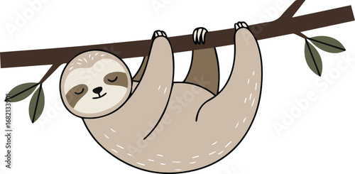 Adorable cartoon sloth hanging from a tree branch, conveying relaxation and simplicity