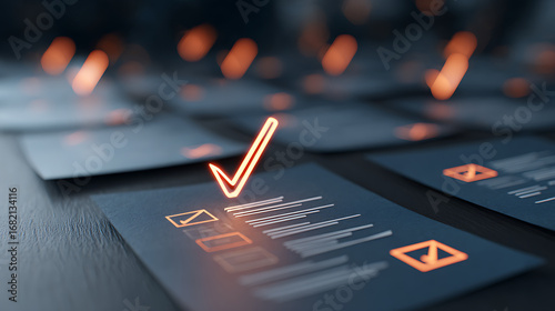 glowing checkmark and documents on dark background. concept of approval and validation. 3d rendering